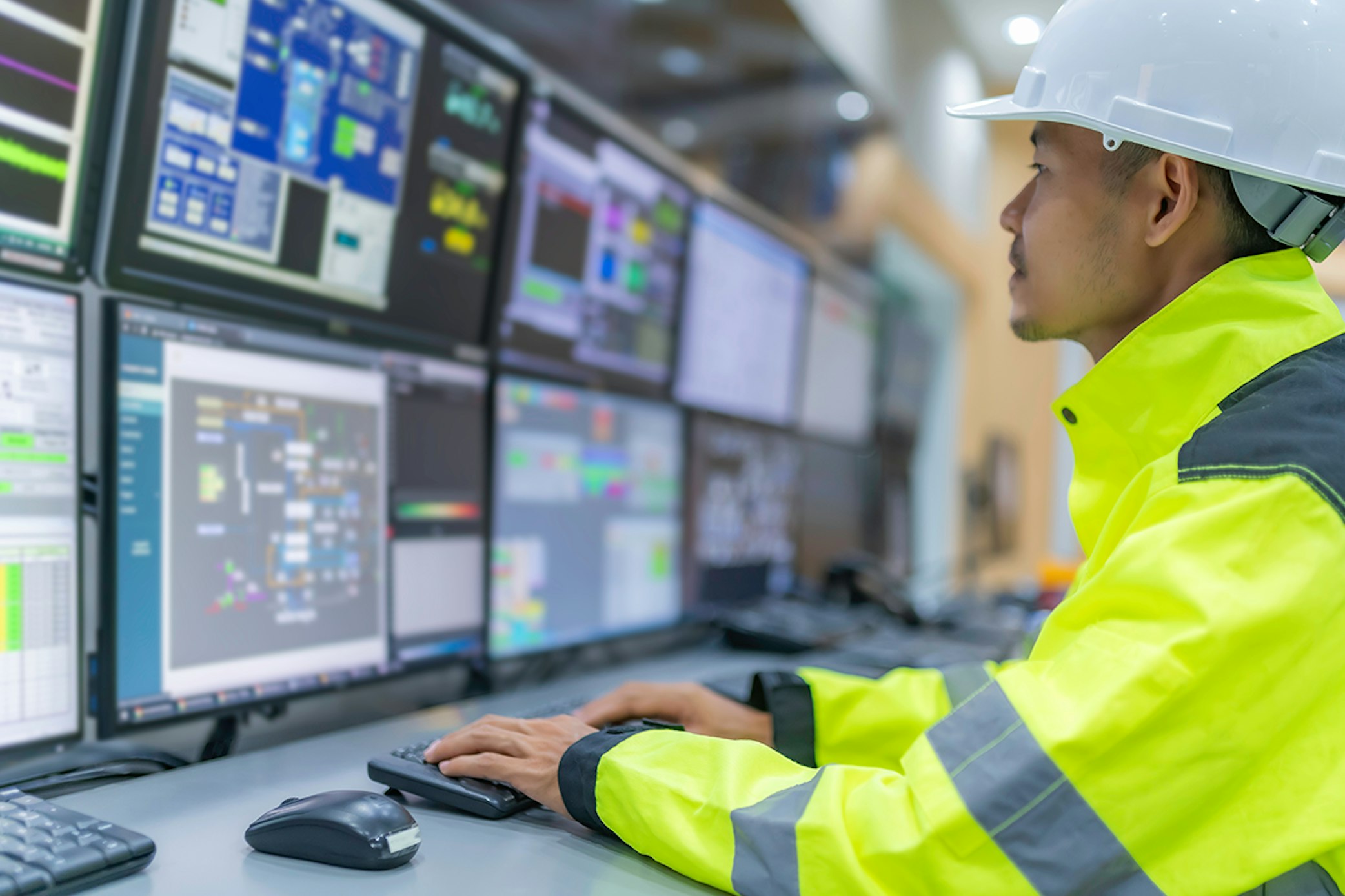 Worker in hard hat and vest checking computers