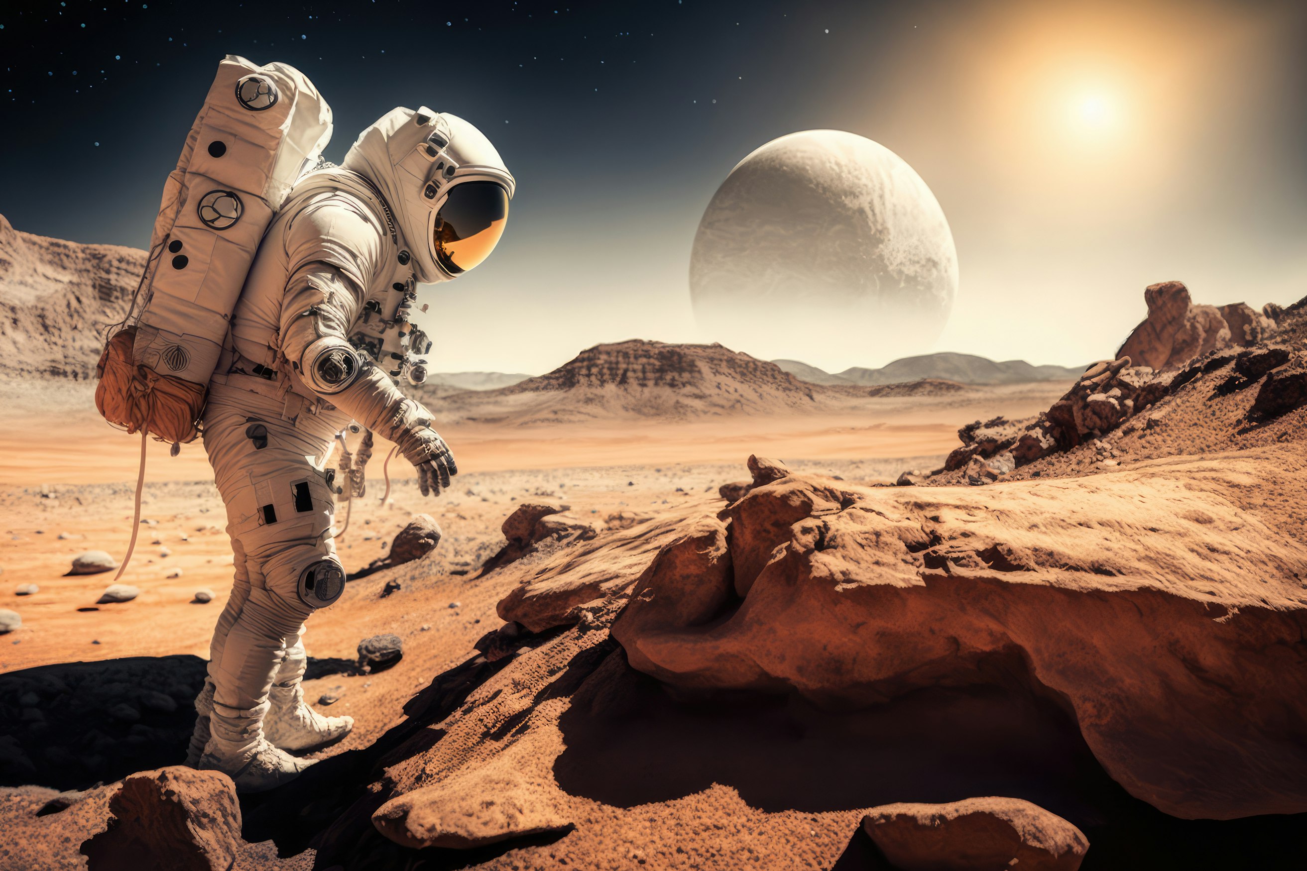Astronaut spaceman collecting rock samples on a distant planet