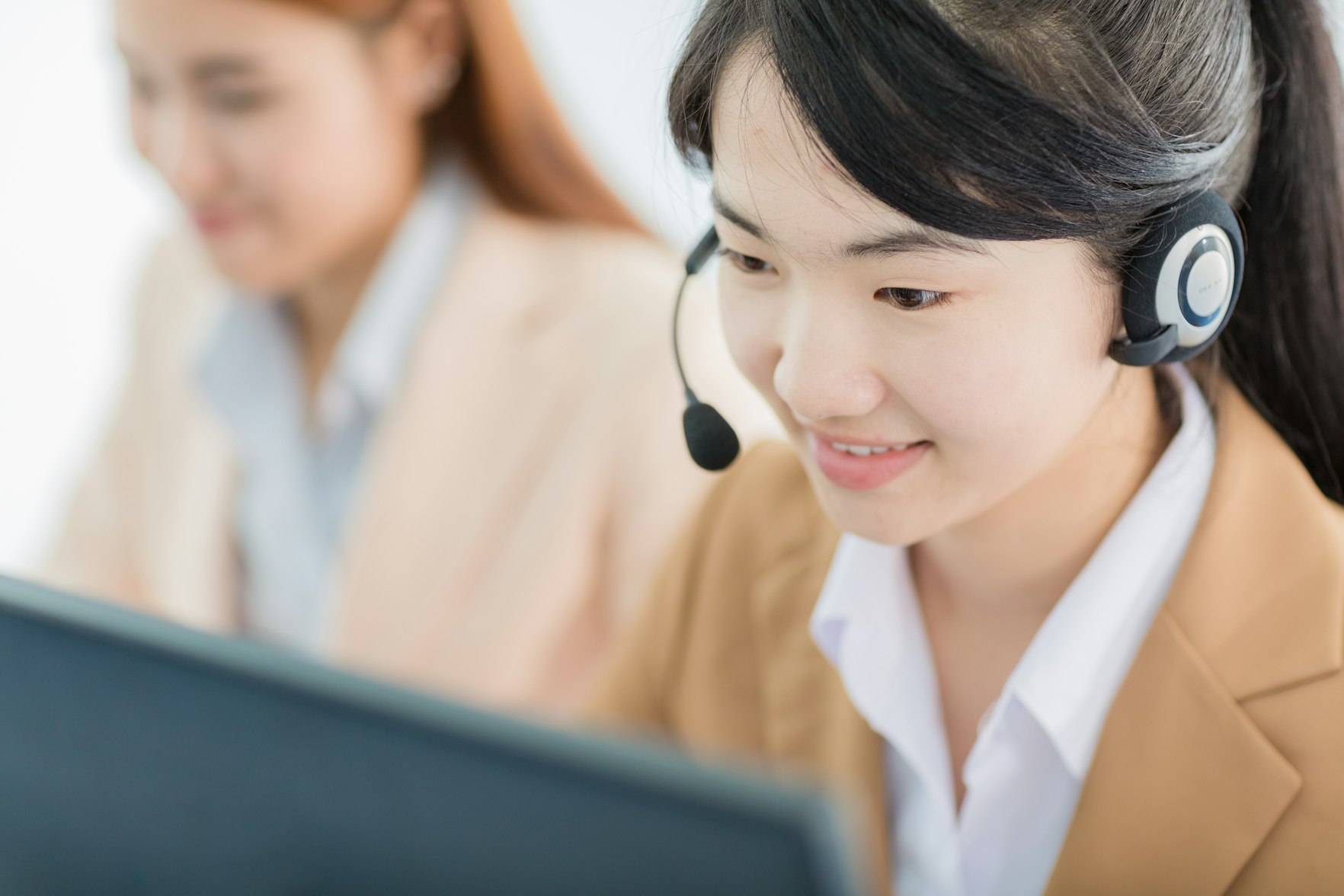 Women call center with phone headset